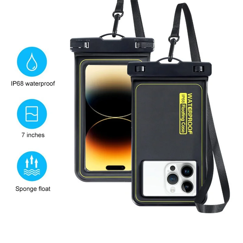 011 IP68 Waterproof Touch Screen Floating Phone Bag for Phones Below 7-inch, Size S - Black+Yellow Line