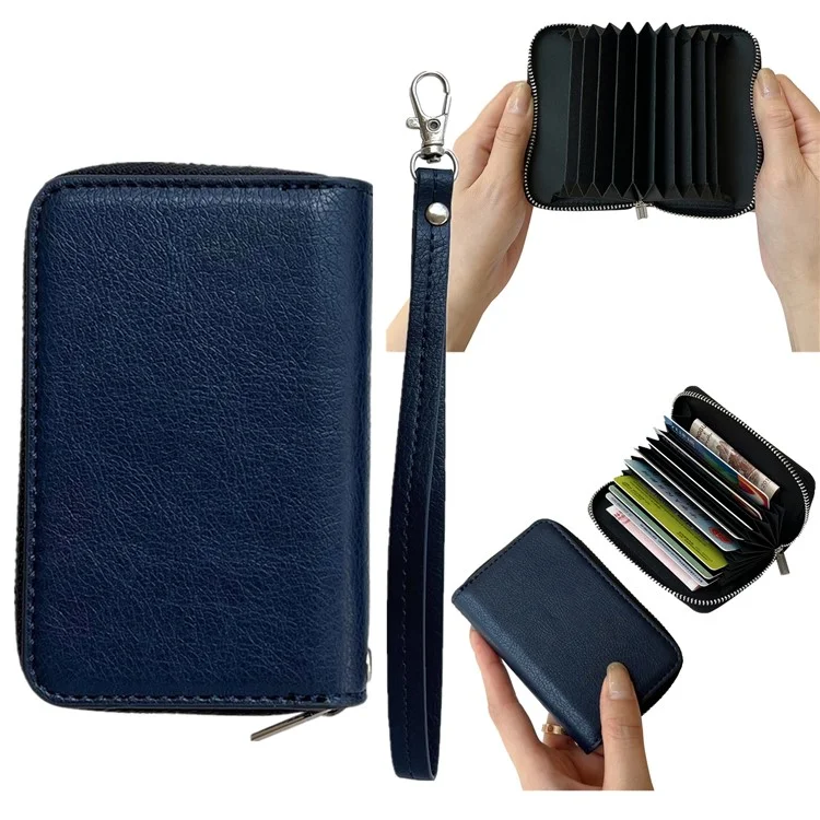 PU Leather Card Bag Multiple Card Slots Holder Zipper Purse with Wrist Strap - Blue