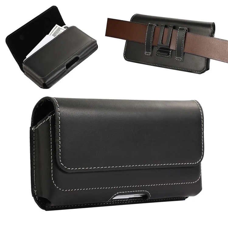 6.7-inch Horizontal Waist Bag Cell Phone Belt Holder Pouch Genuine Cow Leather