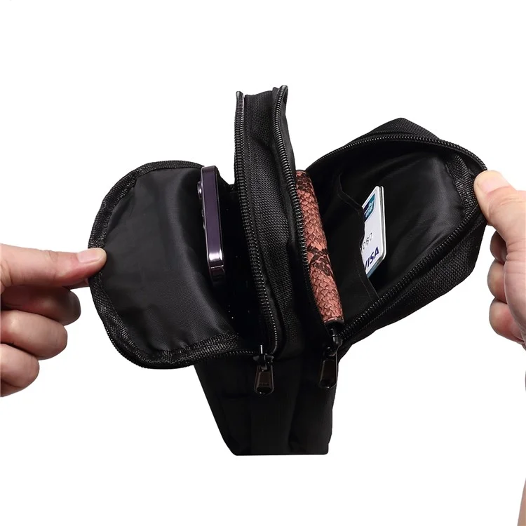 7.2 inch Phone Waist Bag Nylon Crossbody Phone Pouch with Carabiner with Shoulder Strap - All Black
