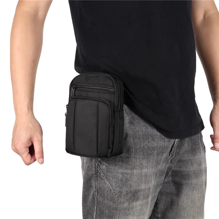 7.2 inch Phone Waist Bag Nylon Crossbody Phone Pouch with Carabiner with Shoulder Strap - All Black