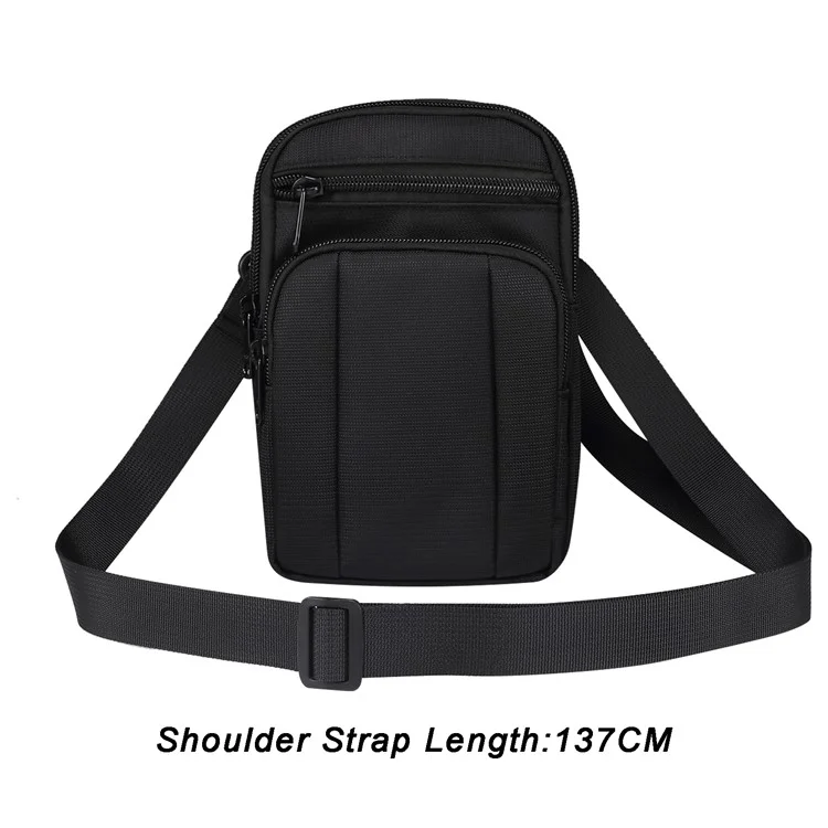 7.2 inch Phone Waist Bag Nylon Crossbody Phone Pouch with Carabiner with Shoulder Strap - All Black