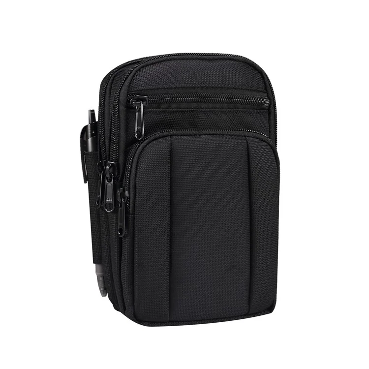 7.2 inch Phone Waist Bag Nylon Crossbody Phone Pouch with Carabiner with Shoulder Strap - All Black