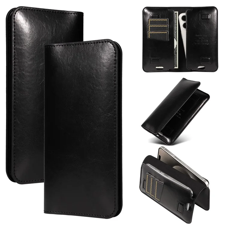 15.7x9cm Universal PU Leather Dual Phone Pouch with Magnetic Closure,  3 Card Slots, Charging Port Access - Black