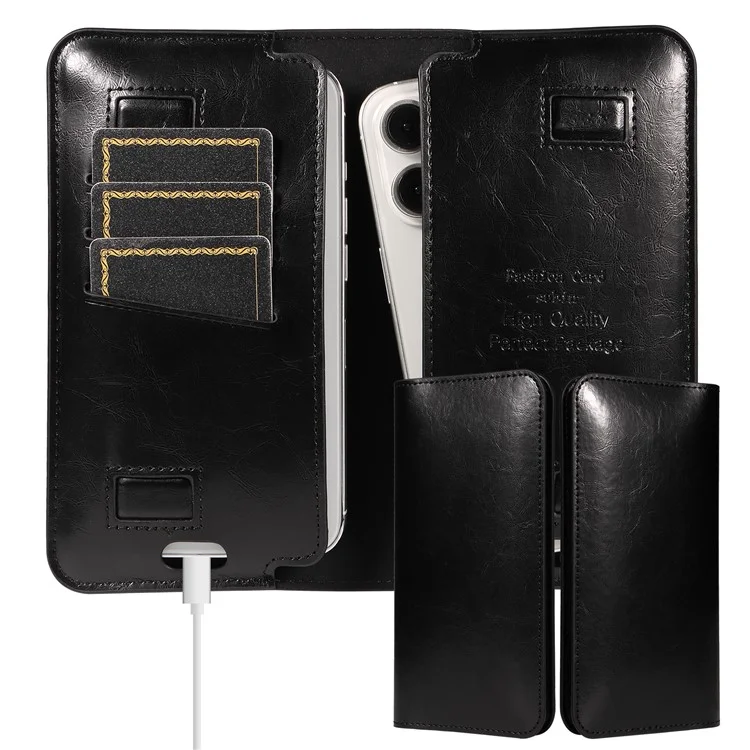 15.7x9cm Universal PU Leather Dual Phone Pouch with Magnetic Closure,  3 Card Slots, Charging Port Access - Black
