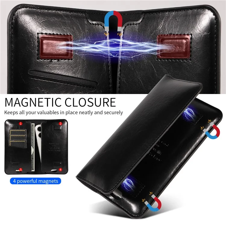 15.7x9cm Universal PU Leather Dual Phone Pouch with Magnetic Closure,  3 Card Slots, Charging Port Access - Black