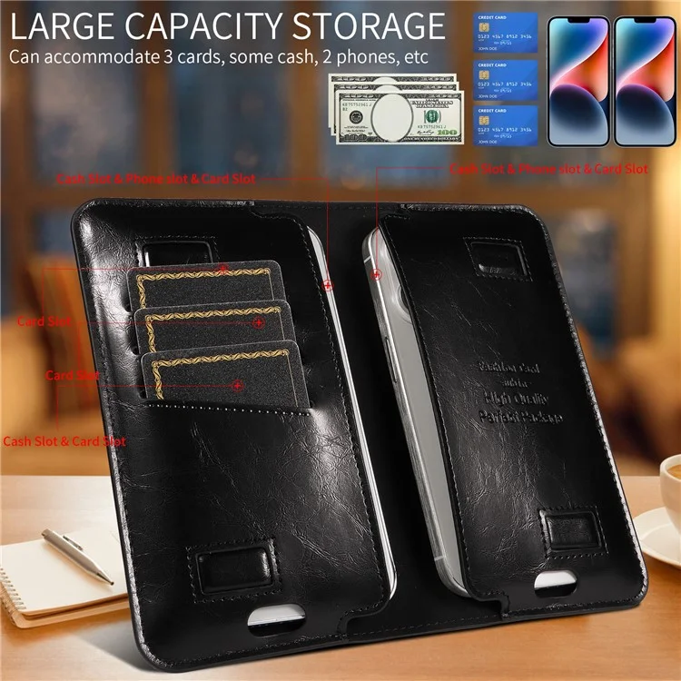 15.7x9cm Universal PU Leather Dual Phone Pouch with Magnetic Closure,  3 Card Slots, Charging Port Access - Black