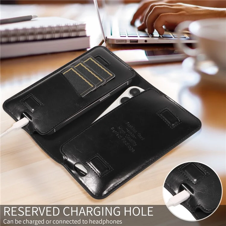 15.7x9cm Universal PU Leather Dual Phone Pouch with Magnetic Closure,  3 Card Slots, Charging Port Access - Black