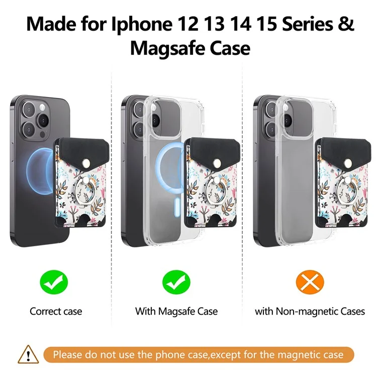 CASENEO MC-W3 Magnetic Card Holder Compatible with MagSafe Pattern Leather Card Pocket Ring Holder - Black