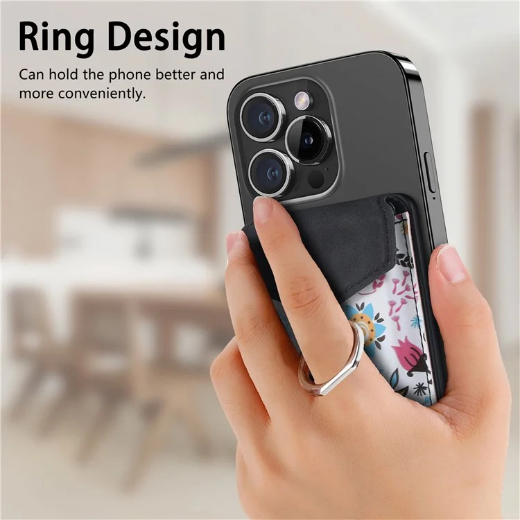 CASENEO MC-W3 Magnetic Card Holder Compatible with MagSafe Pattern Leather Card Pocket Ring Holder - Black