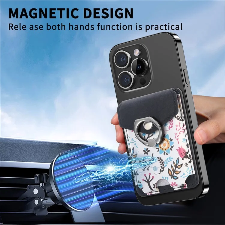 CASENEO MC-W3 Magnetic Card Holder Compatible with MagSafe Pattern Leather Card Pocket Ring Holder - Black