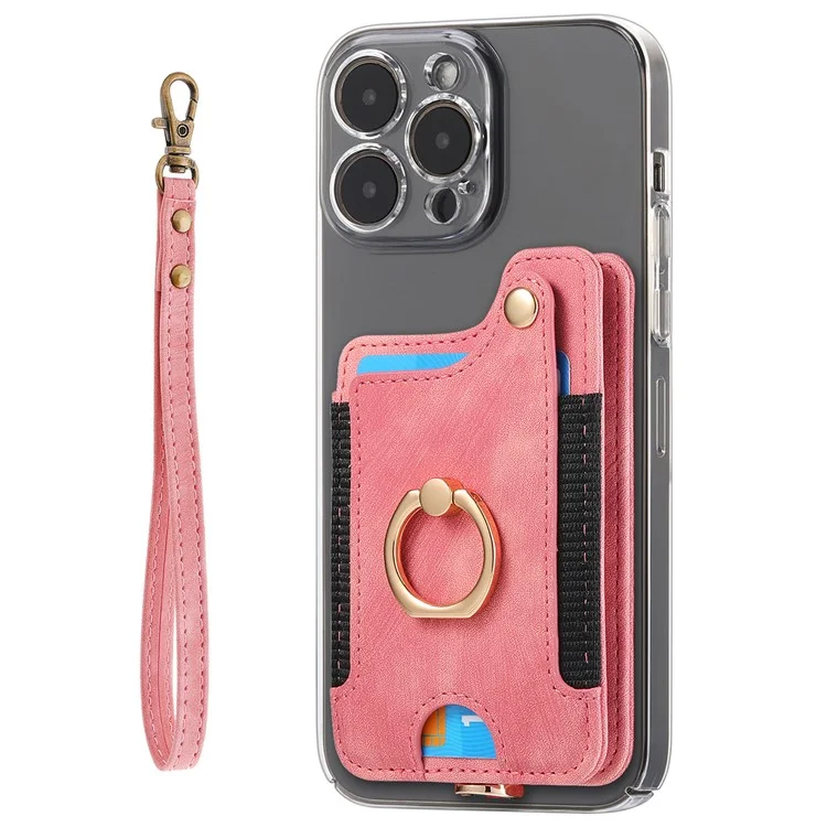 KB-36 Retro Carte Holder Adhesive Pouch Kickstand Card Sac Avec Porte-anneau, Sangle - Rose