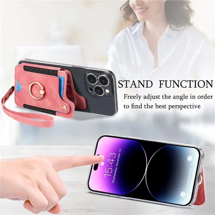 KB-36 Retro Carte Holder Adhesive Pouch Kickstand Card Sac Avec Porte-anneau, Sangle - Rose