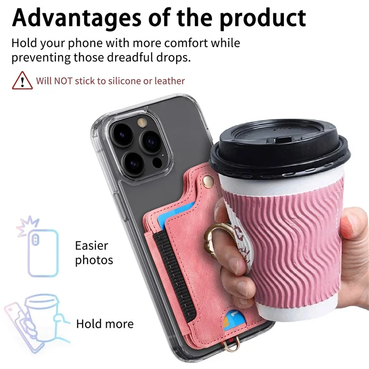 KB-36 Retro Carte Holder Adhesive Pouch Kickstand Card Sac Avec Porte-anneau, Sangle - Rose