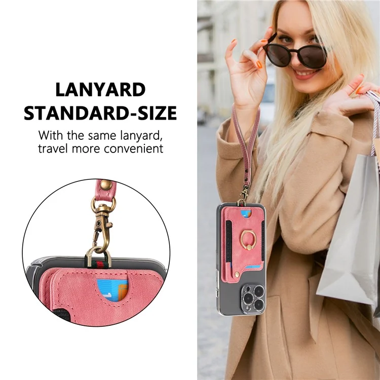KB-36 Retro Carte Holder Adhesive Pouch Kickstand Card Sac Avec Porte-anneau, Sangle - Rose
