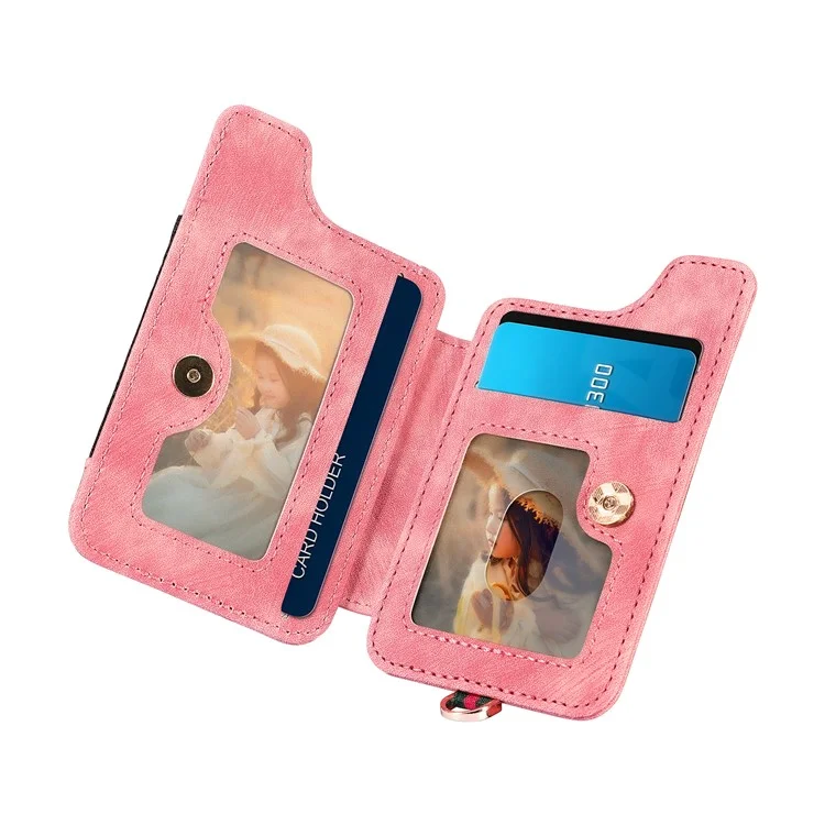KB-36 Retro Carte Holder Adhesive Pouch Kickstand Card Sac Avec Porte-anneau, Sangle - Rose