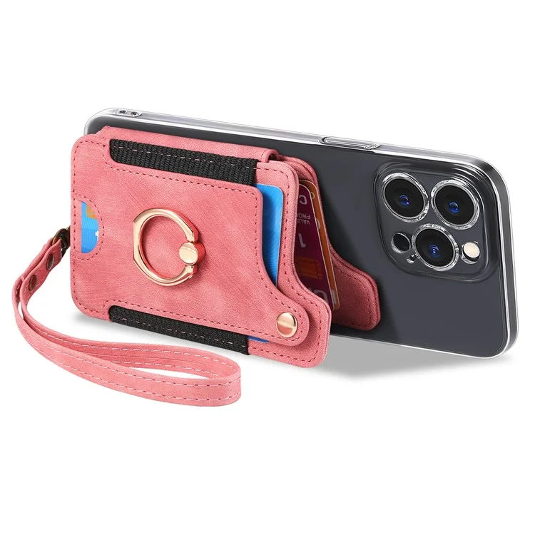 KB-36 Retro Carte Holder Adhesive Pouch Kickstand Card Sac Avec Porte-anneau, Sangle - Rose