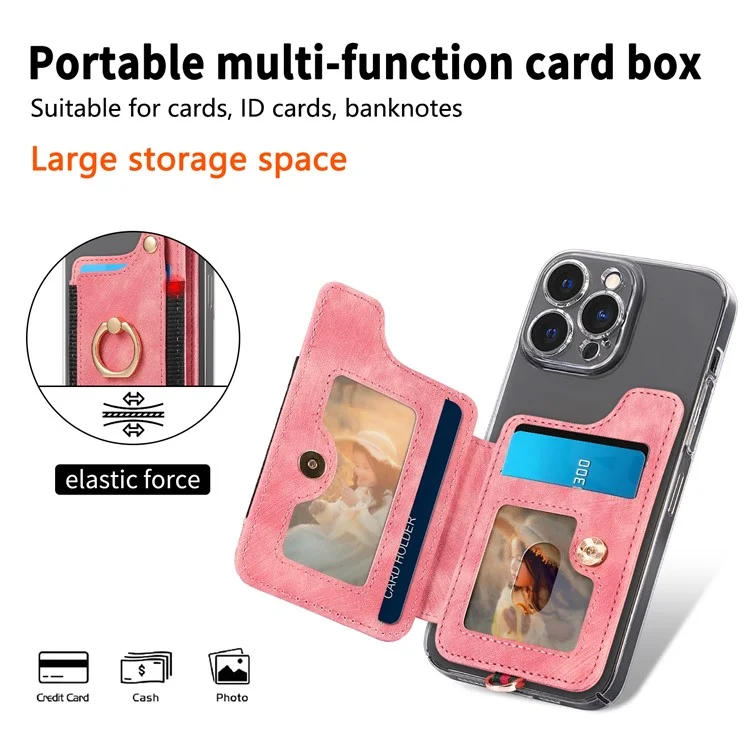 KB-36 Retro Carte Holder Adhesive Pouch Kickstand Card Sac Avec Porte-anneau, Sangle - Rose