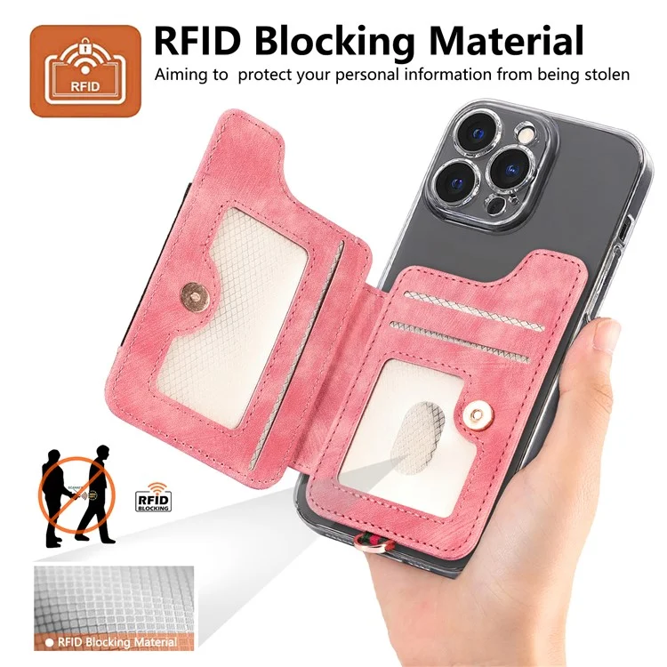 KB-36 Retro Carte Holder Adhesive Pouch Kickstand Card Sac Avec Porte-anneau, Sangle - Rose