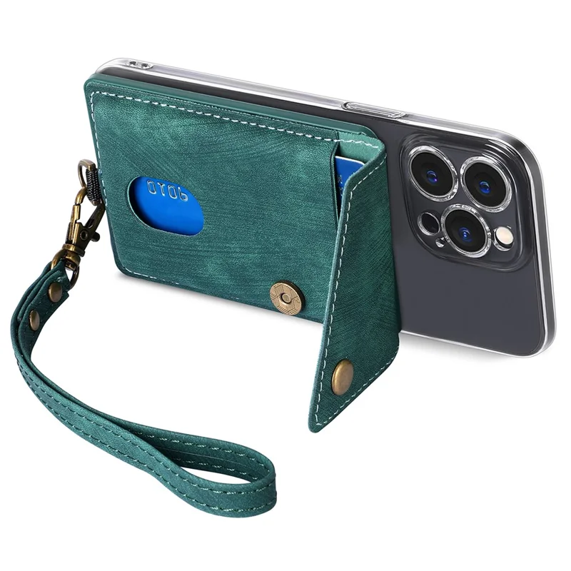 Kb-35-kleber-handy-rückenkarte Halter Retro PU Leder Flip Deckel Mit Handgurt - Grün