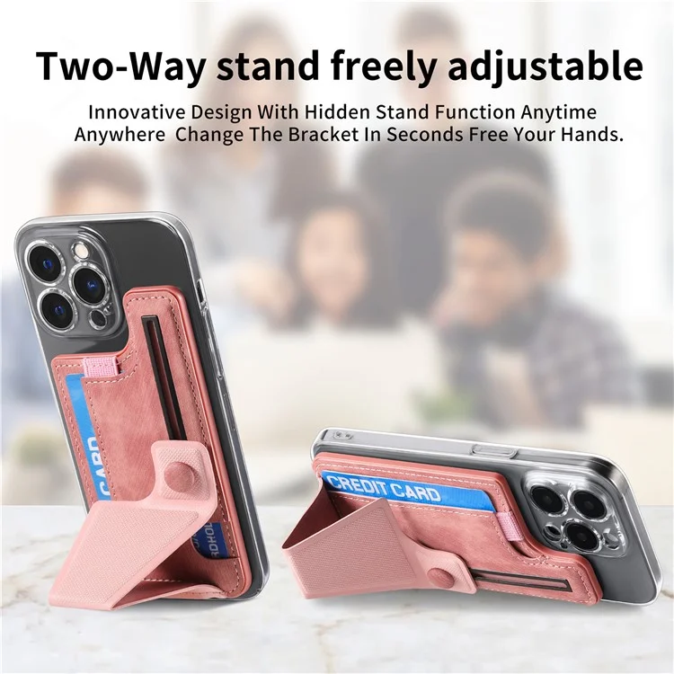 KB-45 Stick-On Card Holder K-Shaped Slide Kickstand Leather Card Bag Cross Texture - Pink