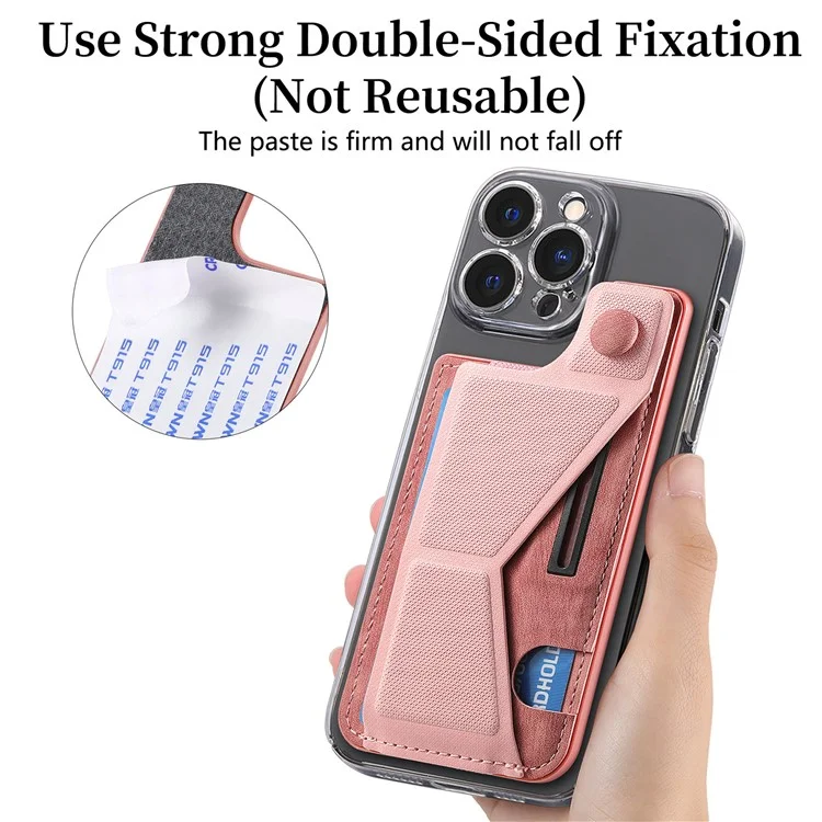 KB-45 Stick-On Card Holder K-Shaped Slide Kickstand Leather Card Bag Cross Texture - Pink