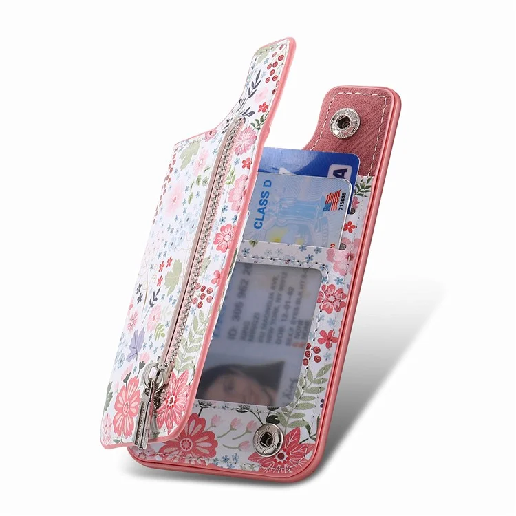 KB-32 Stick-On Card Holder Kickstand Pattern Leather Zipper Card Bag RFID Blocking - Pink