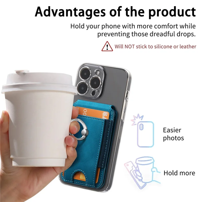 KB-61 Card Holder Adhesive Ring Kickstand Skin-Touch Leather Card Bag Sleeve Pouch - Blue