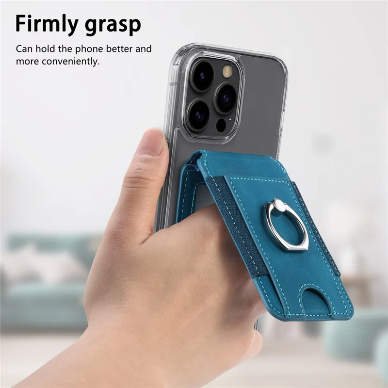 KB-61 Card Holder Adhesive Ring Kickstand Skin-Touch Leather Card Bag Sleeve Pouch - Blue