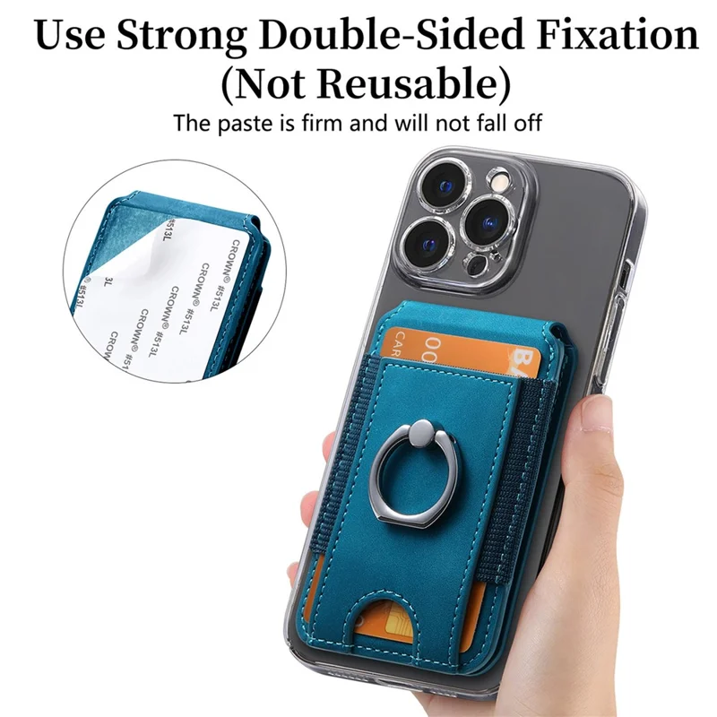 KB-61 Card Holder Adhesive Ring Kickstand Skin-Touch Leather Card Bag Sleeve Pouch - Blue