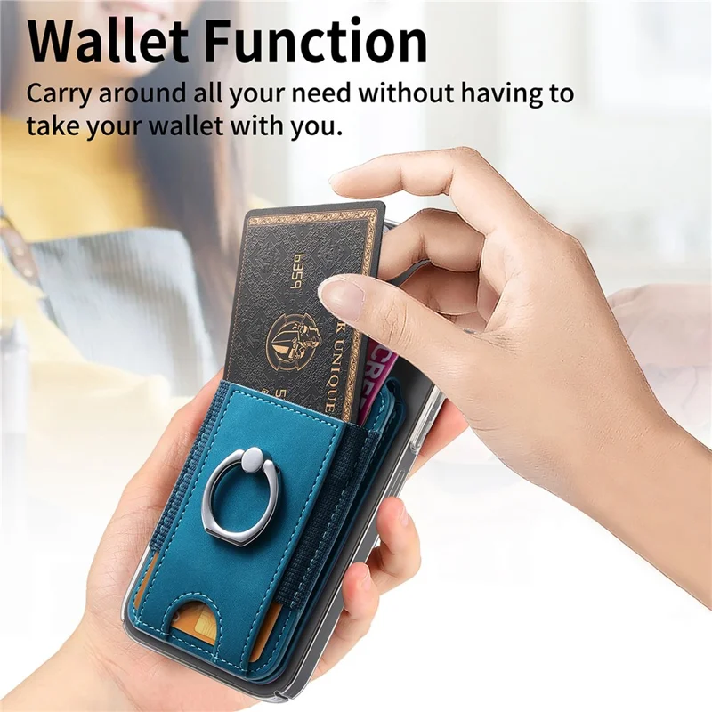 KB-61 Card Holder Adhesive Ring Kickstand Skin-Touch Leather Card Bag Sleeve Pouch - Blue