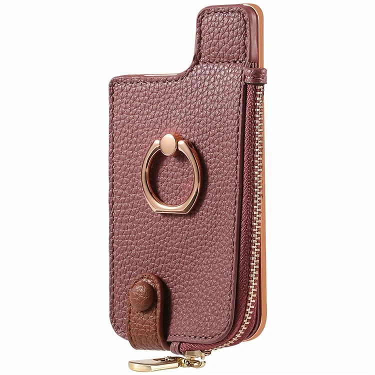 RFID Blocking Phone Card Bag Zipper Wallet Litchi Texture Leather Ring Card Holder - Date Apricot