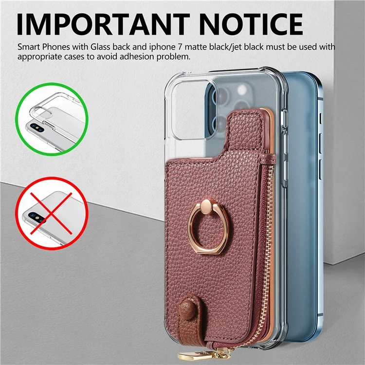 RFID Blocking Phone Card Bag Zipper Wallet Litchi Texture Leather Ring Card Holder - Date Apricot