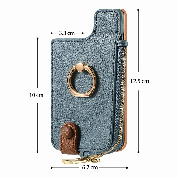 RFID Blocking Phone Card Bag Zipper Wallet Litchi Texture Leather Ring Card Holder - Date Apricot