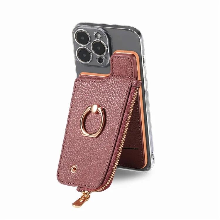 RFID Blocking Phone Card Bag Zipper Wallet Litchi Texture Leather Ring Card Holder - Date Apricot