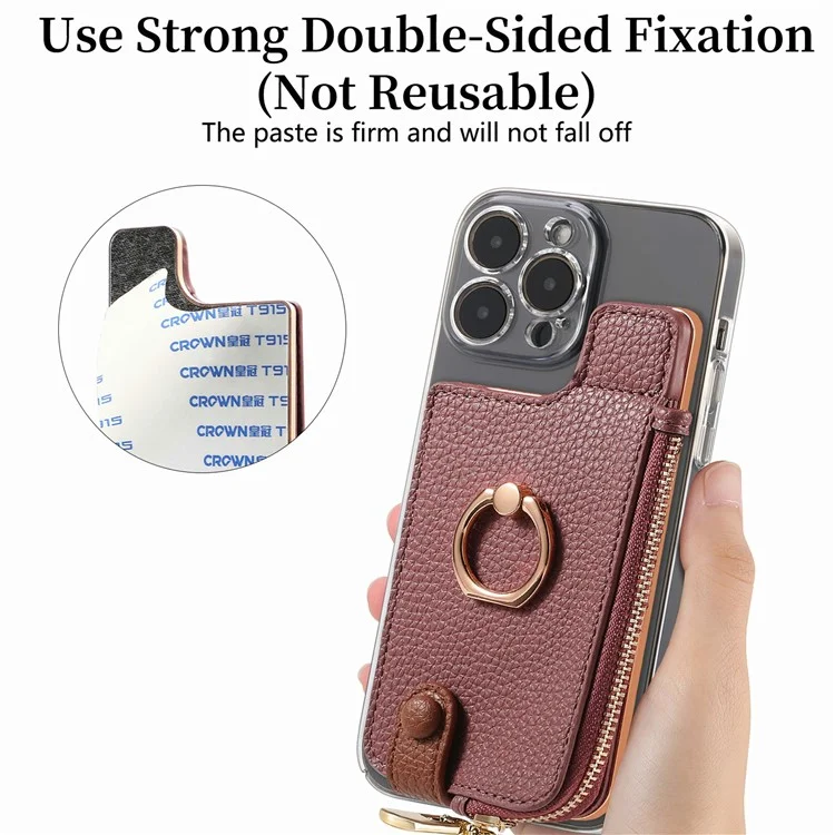 RFID Blocking Phone Card Bag Zipper Wallet Litchi Texture Leather Ring Card Holder - Date Apricot