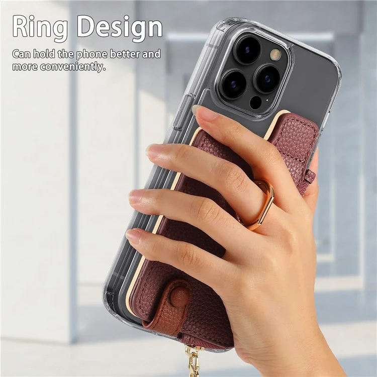 RFID Blocking Phone Card Bag Zipper Wallet Litchi Texture Leather Ring Card Holder - Date Apricot