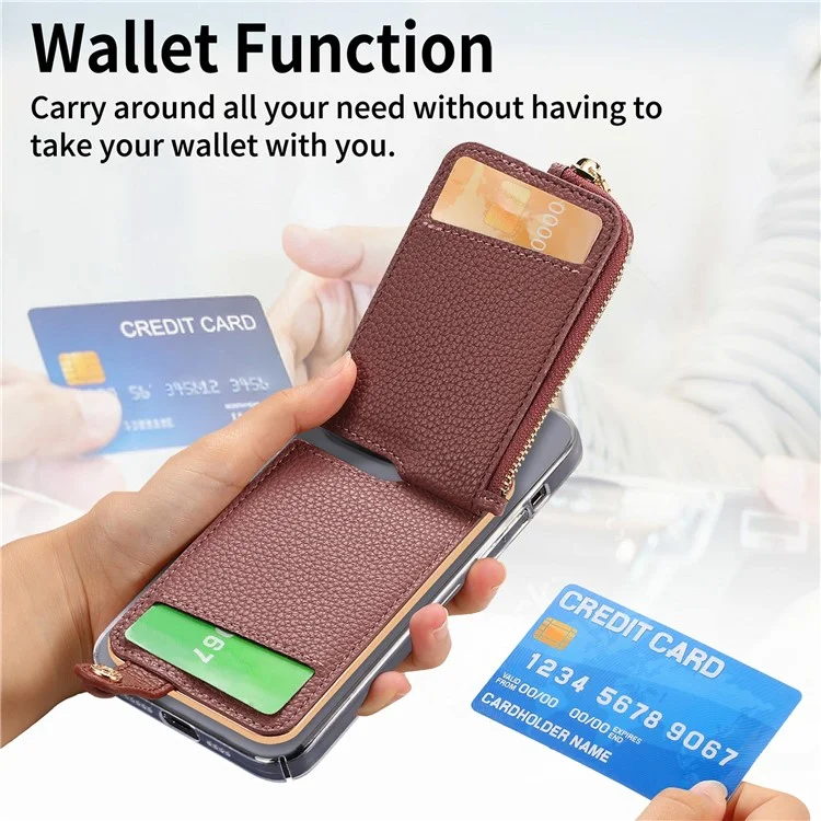 RFID Blocking Phone Card Bag Zipper Wallet Litchi Texture Leather Ring Card Holder - Date Apricot
