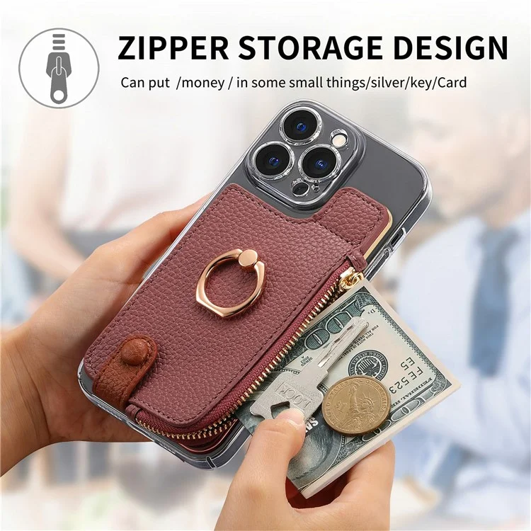RFID Blocking Phone Card Bag Zipper Wallet Litchi Texture Leather Ring Card Holder - Date Apricot