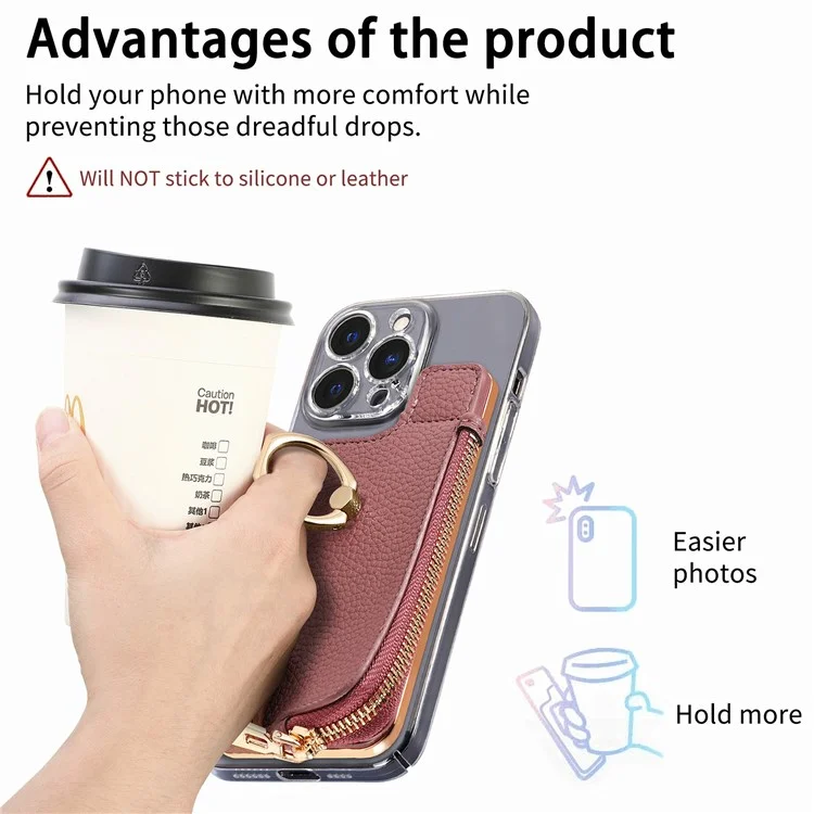 RFID Blocking Phone Card Bag Zipper Wallet Litchi Texture Leather Ring Card Holder - Date Apricot
