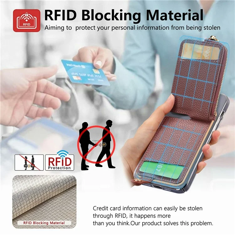 RFID Blocking Phone Card Bag Zipper Wallet Litchi Texture Leather Ring Card Holder - Date Apricot