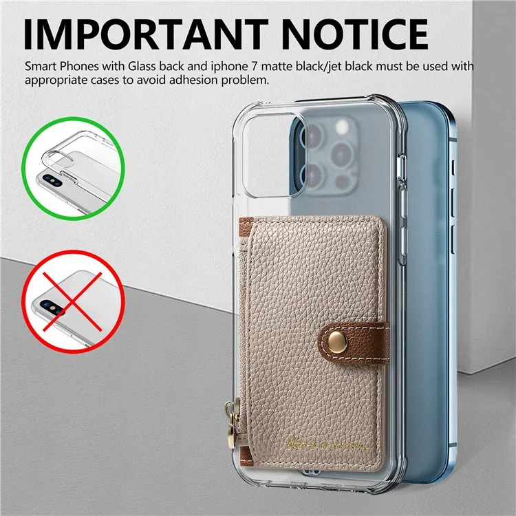PU Leather Phone Card Bag Adhesive Kickstand Zipper Card Holder - Khaki
