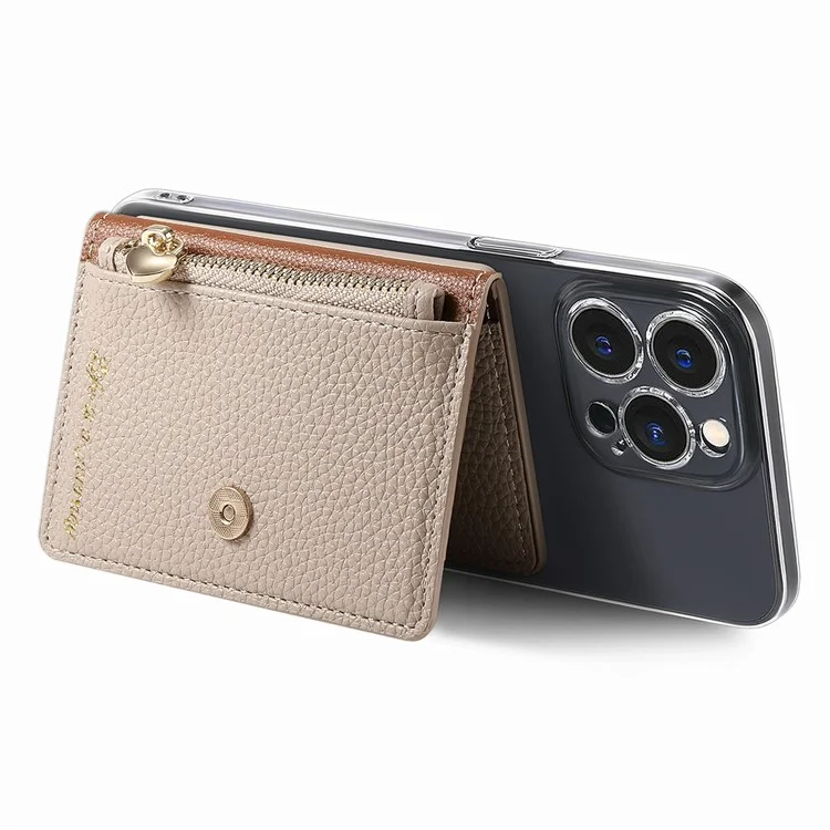 PU Leather Phone Card Bag Adhesive Kickstand Zipper Card Holder - Khaki