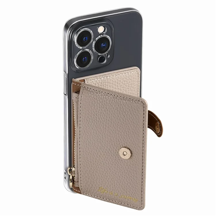 PU Leather Phone Card Bag Adhesive Kickstand Zipper Card Holder - Khaki