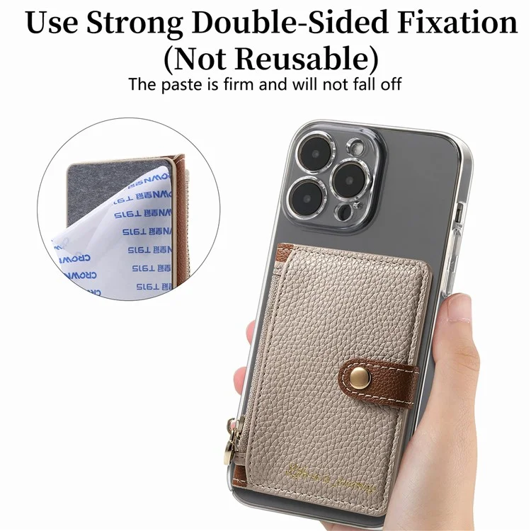 PU Leather Phone Card Bag Adhesive Kickstand Zipper Card Holder - Khaki