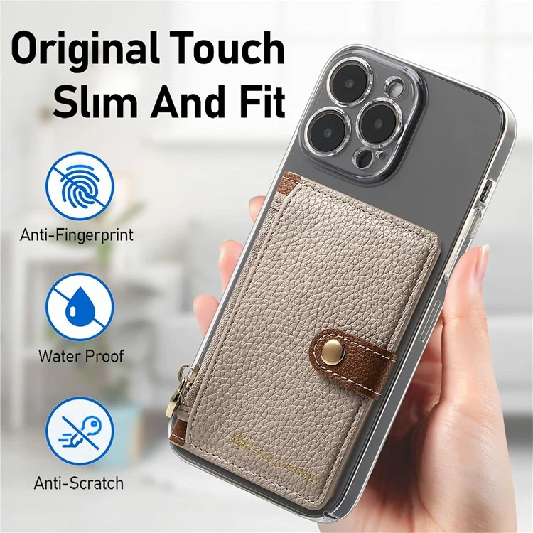 PU Leather Phone Card Bag Adhesive Kickstand Zipper Card Holder - Khaki