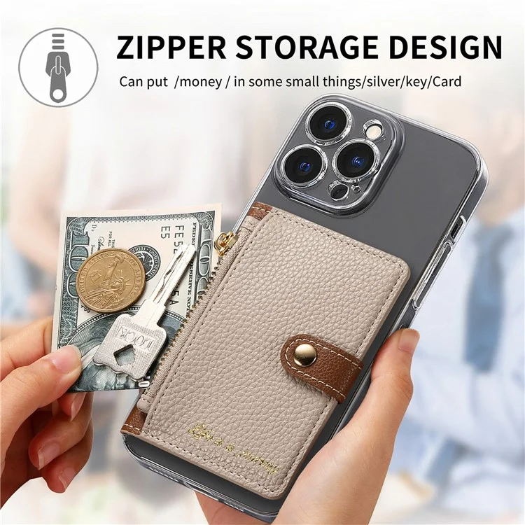 PU Leather Phone Card Bag Adhesive Kickstand Zipper Card Holder - Khaki