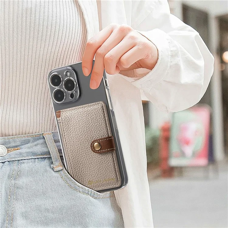 PU Leather Phone Card Bag Adhesive Kickstand Zipper Card Holder - Khaki