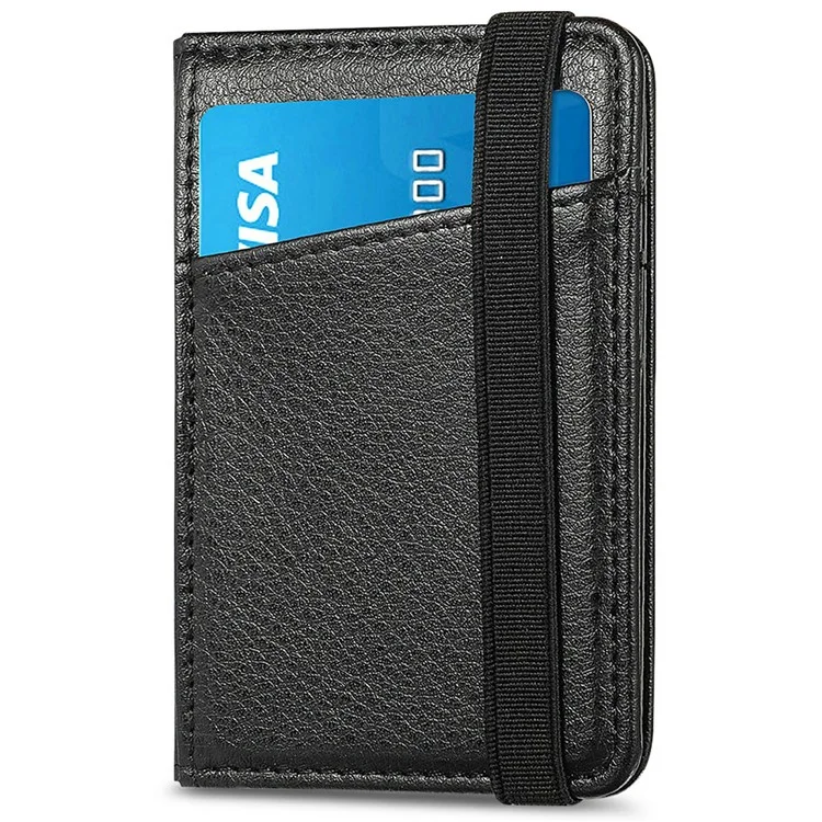 Adhesive Phone Card Bag Wallet Litchi Texture Leather Kickstand Card Holder - Black