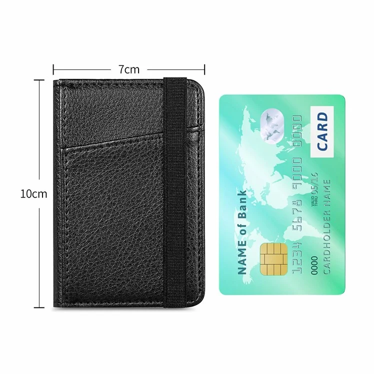 Adhesive Phone Card Bag Wallet Litchi Texture Leather Kickstand Card Holder - Black